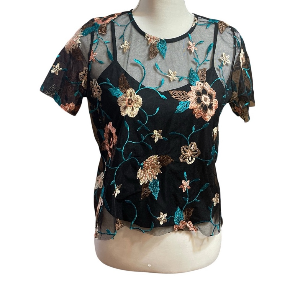Glance Womens Mesh Embroidered Floral Crop Top And Cami Medium Whimsigoth Fairy